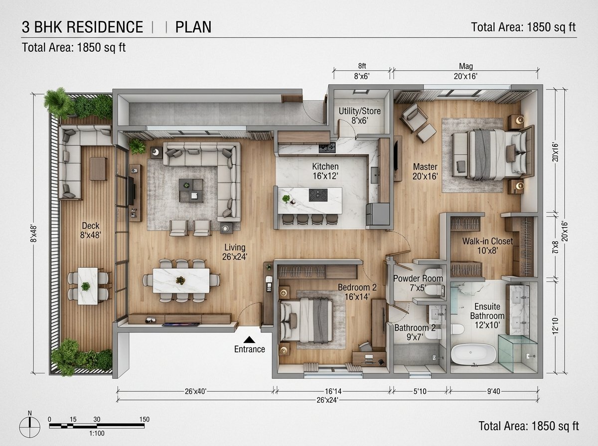 Circuit Heights 3 BHK 1550 Sq Ft Floor Plan Layout